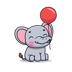 Cute Cartoon Elephant Holding Balloon llustration Icon Vector, Animals Holidays, Cartoon Style Flat
