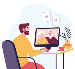 Online interview. Vector flat modern illustration of a man talking to a young woman on a video call on his computer. Isolated on background