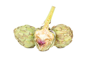 Raw vegetable artichoke with half on a white background