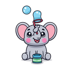 Cute Cartoon Elephant Playing Bubbles Illustration Icon Vector, Animals Holidays, Cartoon Style Flat