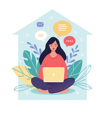 Home office concept. Vector flat style illustration of a young cartoon woman sitting with a laptop in a lotus position on a background of plants inside a house silhouette. Isolated on background