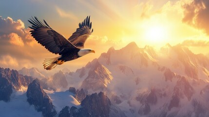 Majestic eagle soaring over snow-capped mountains at sunset, capturing the essence of freedom