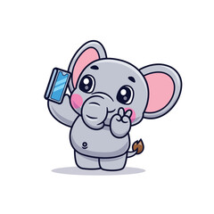 Cute Cartoon Elephant Selfie With Phone Illustration Icon Vector, Animals Technology, Cartoon Style Flat