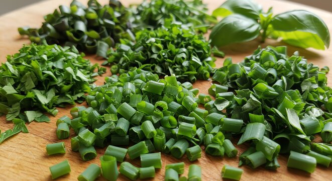 Freshly chopped herbs on wooden surface - Powered by Adobe