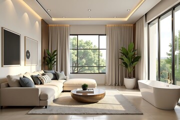 Bright, contemporary living room and bathroom combined with a large window overlooking green trees.                                                   