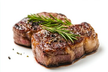 Juicy grilled steak with rosemary and peppercorns on white background. AI image