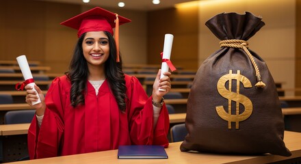 Graduate with degree and money bag