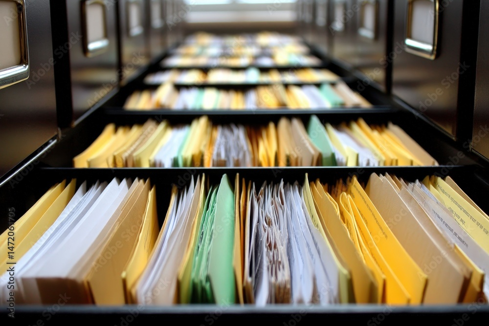 Poster organized medical records in a file cabinet displaying various colorful folders and well-structured 