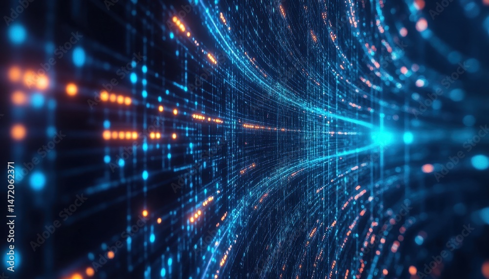 Aufkleber Abstract Digital Data Flow Network Tunnel with Blue and Orange Glowing Lines and Points