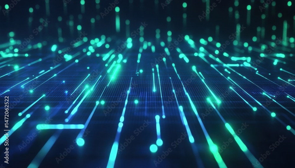 Wall mural abstract digital network background with glowing blue and green lines and particles