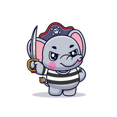 Cute Cartoon Pirate Elephant Holding Sword Illustration Icon Vector, Animals Holidays, Cartoon Style Flat