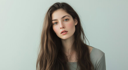 Retrato de uma bela modelo feminina com longos cabelos castanhos, isolada