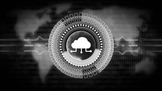 Motion graphic of Blue digital cloud computing logo and circle futuristic HUD elements