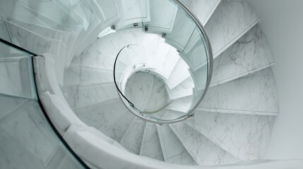 Fototapeta premium Minimalist Spiral Staircase Close-Up in White Marble and Glass, Modern Design with Elegant Curves and Dynamic Flow.