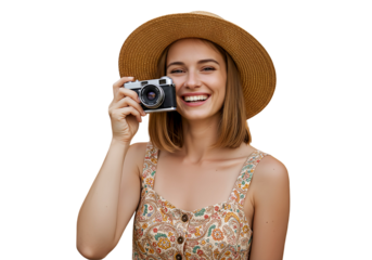 A woman in a summer dress and sun hat holding a camera and smiling, isolated