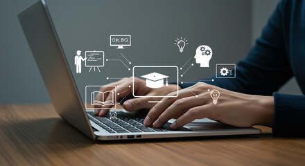 Online Education: Learn & Grow. Digital Learning with Laptop. Skills, Knowledge, Training, Ideas & Development. Study Online Now!