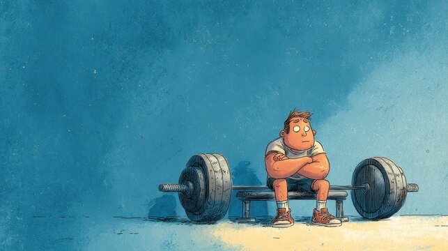 A  pensive figure resting beside a weightlifting bar.