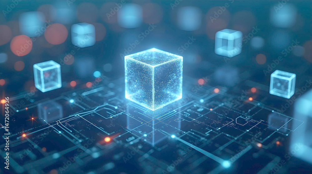 Poster A central glowing blue cube pulsates above a network of interconnected lines and nodes with blurred lights, suggesting advanced technology and data flow.