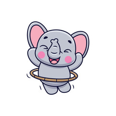 Cute Cartoon Elephant Playing Hula Hoop Illustration Icon Vector, Animals Sports, Cartoon Style Flat