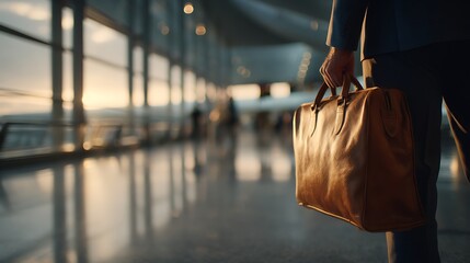 Naklejka premium A well-dressed executive checking flight schedule at a modern airport terminal, holding a leather briefcase, sleek architecture in background