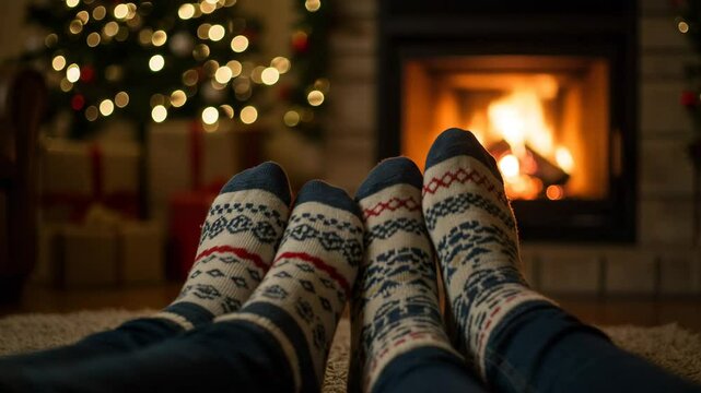 Cozy feet in festive socks relaxing by the fireplace with Christmas tree  