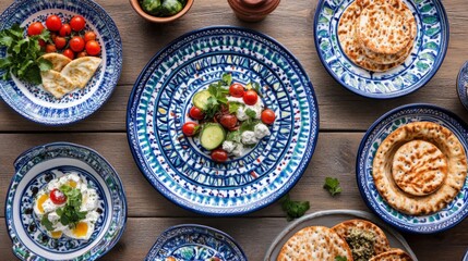 Overhead View of a Rustic Table Setting with Colorful Plates and a Variety of Food