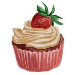 Watercolor cupcake with beige frosting topped with a red strawberry on a red wrapper. Concept of gourmet dessert, sweetness, and artistic hand-drawn food design