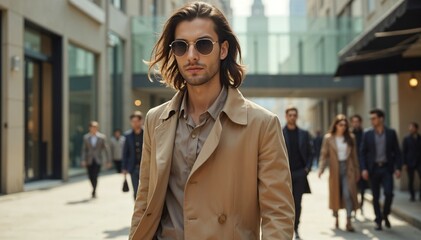 Obraz premium Aman Malik Stylish Male Model in Trench Coat and Sunglasses in Urban Cityscape