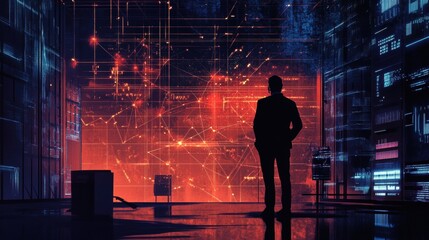 Futuristic Data Center  Man Observing Network Connections