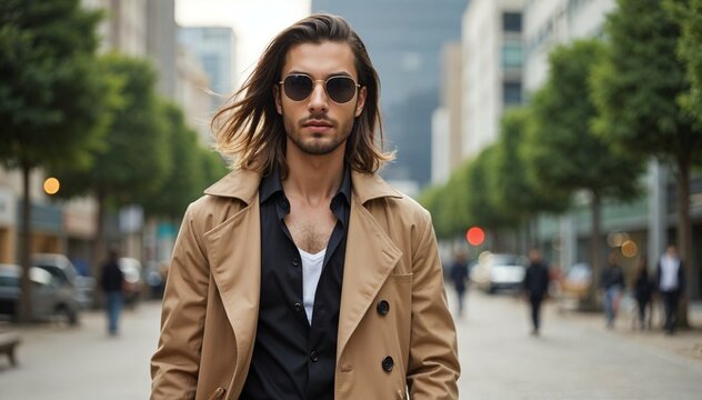 Aman Malik Stylish Male Model in Trench Coat and Sunglasses in Urban Cityscape

