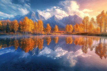 Obraz premium A stunning autumn landscape featuring golden trees reflected in a tranquil lake against a backdrop of majestic mountains.