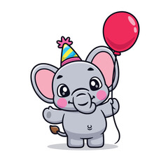 Cute Cartoon Elephant Birthday Holding Balloon Illustration Icon Vector, Animals Holidays, Cartoon Style Flat