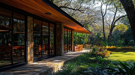 Modern structure with large windows overlooking a lush garden