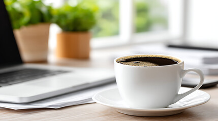 A white coffee cup sits on a wooden table next to a laptop