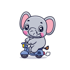 Cute Cartoon Elephant Riding Vespa Scooter Illustration Icon Vector, Animals Transportation, Cartoon Style Flat