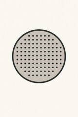A round metal object with evenly spaced holes, resembling a drain cover or strainer, on a plain background.