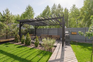 beautifully landscaped backyard features a dark wood pergola, lush green lawn, and a charming...