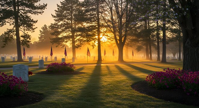 Serene Sunrise at the National Cemetery: A Memorial Day Dawn