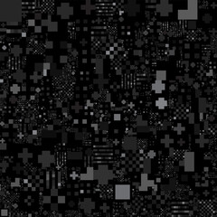 A dark, abstract seamless pattern composed of various sized black and gray squares and rectangles, creating a pixelated or digital noise texture.