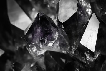 Close-up shot of black amethyst crystals showcasing sharp edges and intricate internal structures with a monochrome palette and macro perspective.