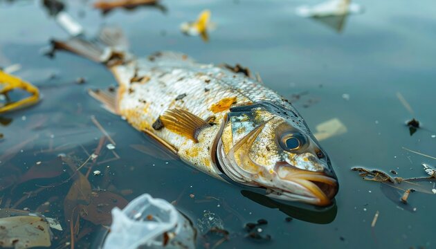 Polluted waters: dead fish amidst floating debris