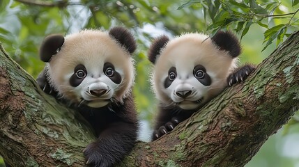 Obraz premium Maternal panda and cubs interaction, wide-angle lens capturing playful cubs climbing trees with maternal concern expression, nature photography, wildlife conservation and emotional storytelling
