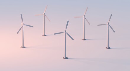 Five Miniature Wind Turbines on a Pastel Background: A Clean Energy Concept