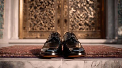 Polished black dress shoes on a marble doorstep in front of an intricately patterned door