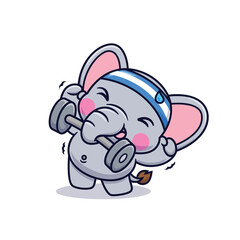 Cute Cartoon Elephant Lifting Barbell In Trunk Illustration Icon Vector, Animals Sports, Cartoon Style Flat