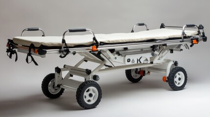 Portable medical stretcher with adjustable features.  Features a lightweight design,  easy maneuverability on wheels,  padded surface for patient comfort, and  adjustable height for transport