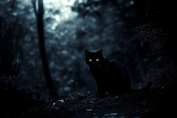Mysterious Black Cat in the Dark Forest at Night