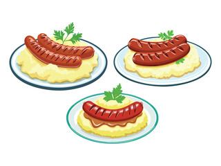 vector illustration of a Bangers and Mash (Sausages Served with Mashed Potatoes and Onion Gravy)
