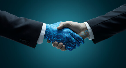 AI Handshake: Tech Partnership, Artificial Intelligence, Business Innovation & Digital Transformation. Trust the Future!