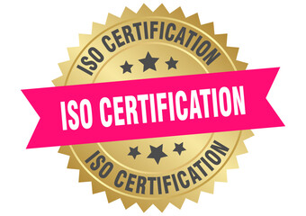 iso certification. iso certification round pink and gold label isolated on transparent background